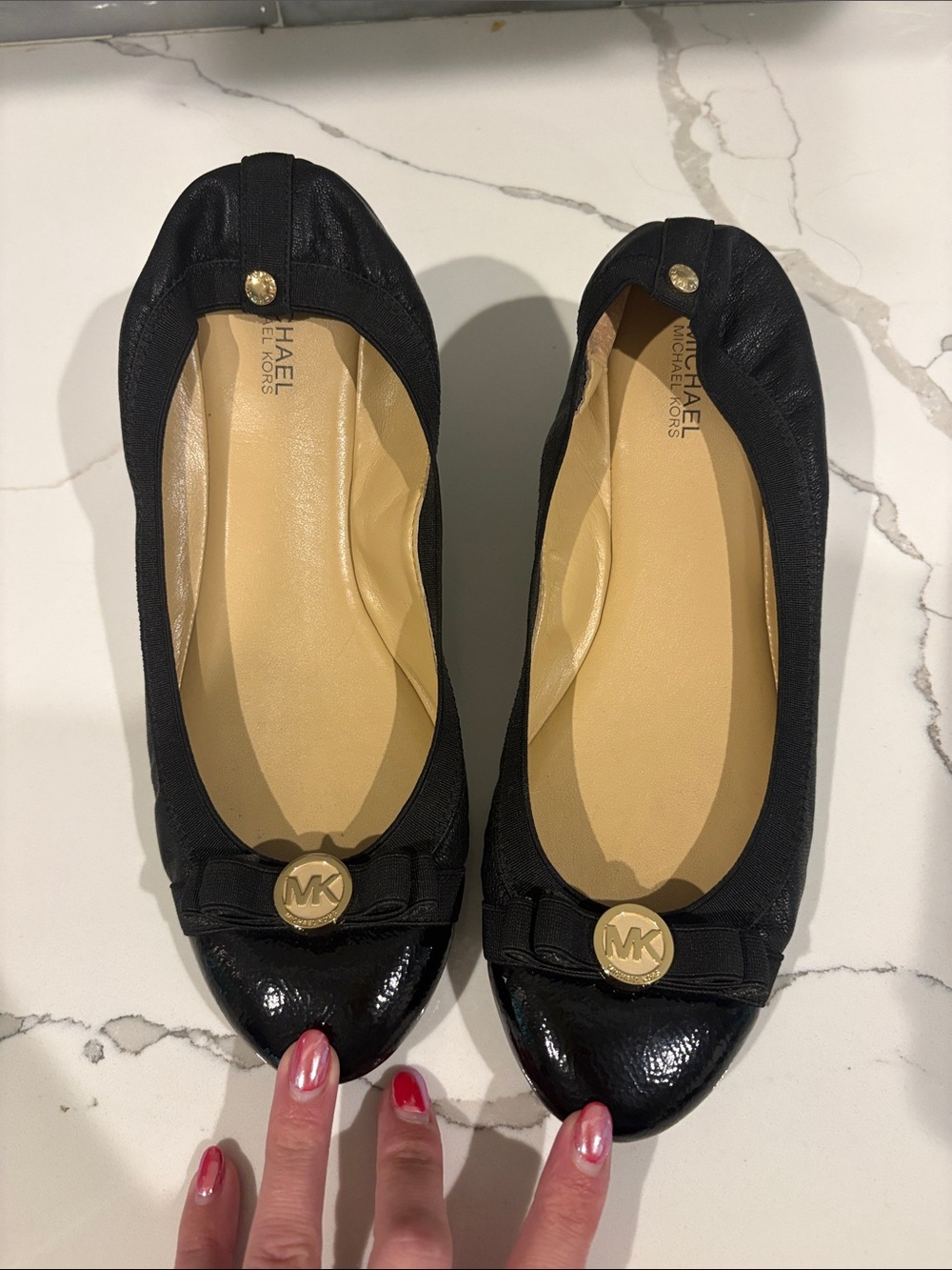 Michael Kors Black Logo Cap-Toe Ballet Flats with Gold MK